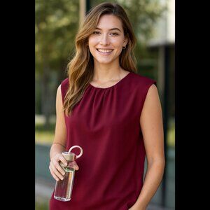 NEW Express Crew Neck Pleated Padded Shoulder Top Burgundy XS